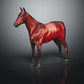 Detailed Red Horse Statue With Glossy Surface Standing On Reflective Black Floor