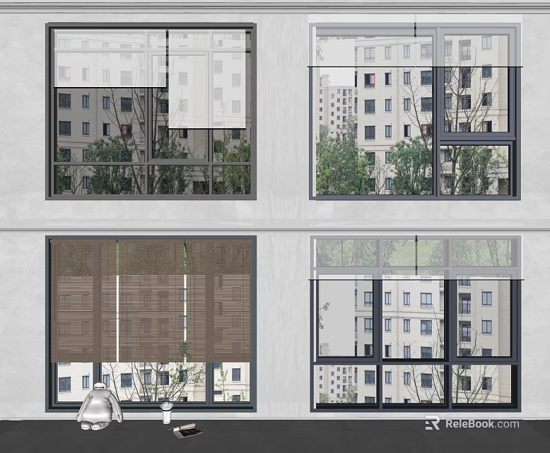 Various Modern Window Designs with Building Reflections and Indoor Plants 3d model