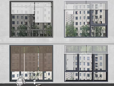 Various Modern Window Designs with Building Reflections and Indoor Plants 3d model