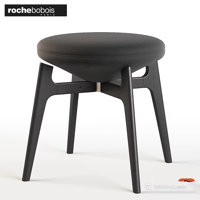 Black Round Upholstered Seat Stool With Modern Sleek Wooden Legs Design 3d model 
