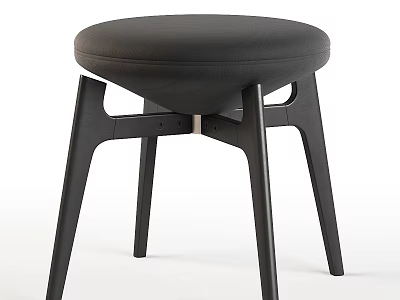 Black Round Upholstered Seat Stool With Modern Sleek Wooden Legs Design 3d model