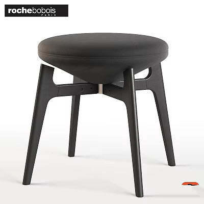 Black Round Upholstered Seat Stool With Modern Sleek Wooden Legs Design 3d model