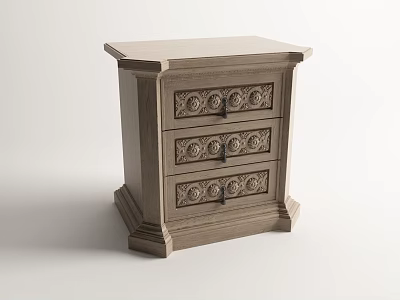 Classic Wooden Bedside Table With Three Drawers And Ornate Carvings 3d model