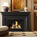 Elegant Black Fireplace In Cozy Living Room With Burning Fire Decorative Painting Chair And Bookshelf
