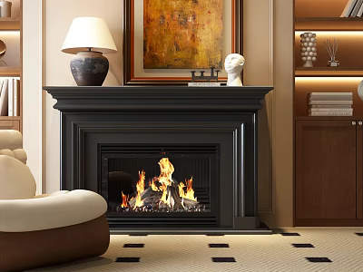 Elegant Black Fireplace In Cozy Living Room With Burning Fire Decorative Painting Chair And Bookshelf 3d model