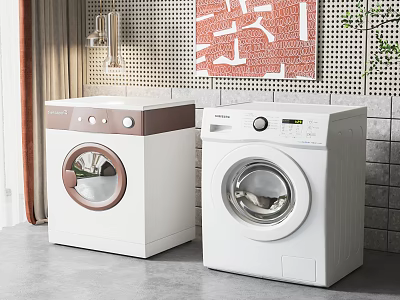 Two Modern Washing Machines in Stylish Interior with Red Wall Art 3d model