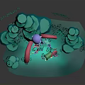 Underwater Scene With Pink Coral Green Seagrass Rocky Platforms Fish Schools And Light Beams