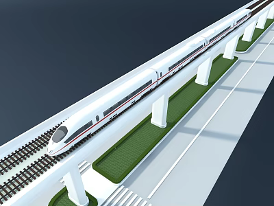 White High Speed Train Traveling on Elevated Viaduct with Tracks Green Grass and Pillars 3d model
