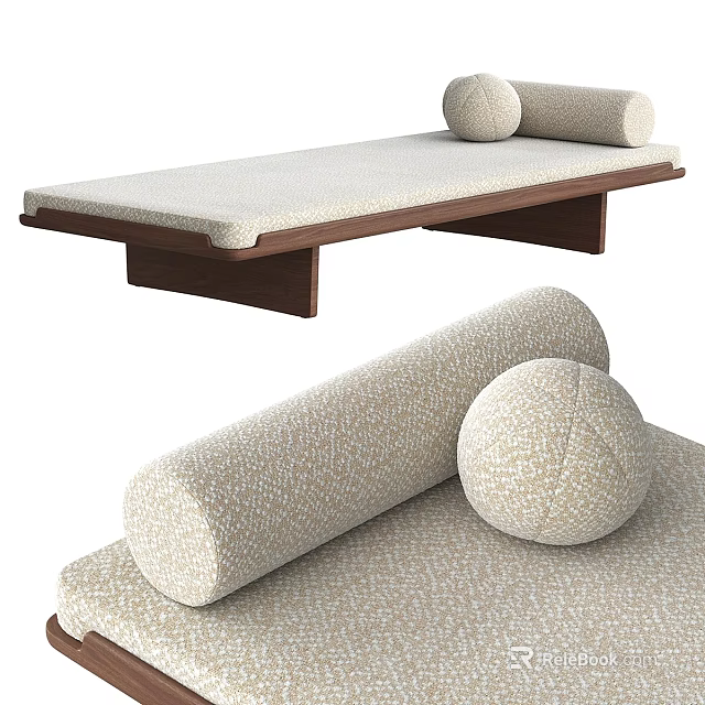 Modern Beige Sofa Bench With Fabric Cushion Wooden Frame And Round Decorative Pillows 3d model 