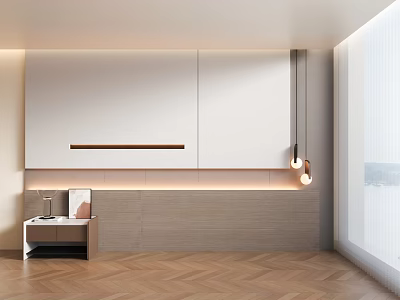 Modern Minimalist Interior With Storage Cabinets Side Table And Pendant Lights 3d model