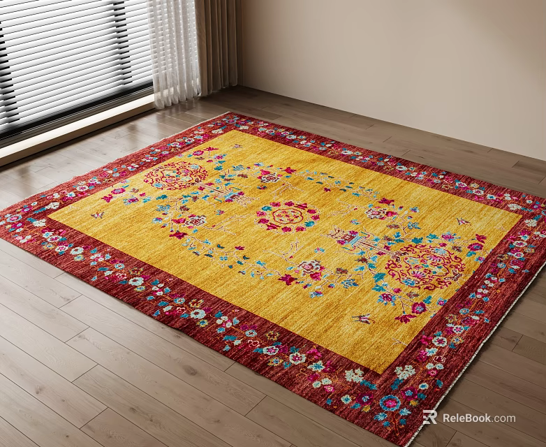 Square Yellow Area Rug With Colorful Floral Patterns And Red Border 3d model 