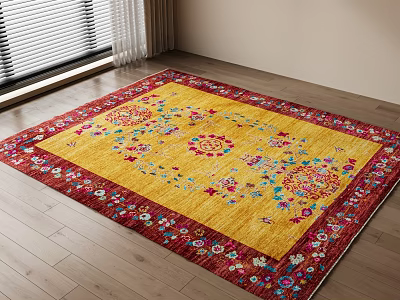 Square Yellow Area Rug With Colorful Floral Patterns And Red Border 3d model