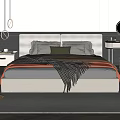Double Bed With Upholstered Headboard Soft Pillows Plush Blanket Nightstand Round Mirror Hanging Pendant Lights