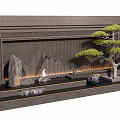 Zen Style Feature Wall With Textured Gray Design Pine Tree And Stone Decorations 3d model