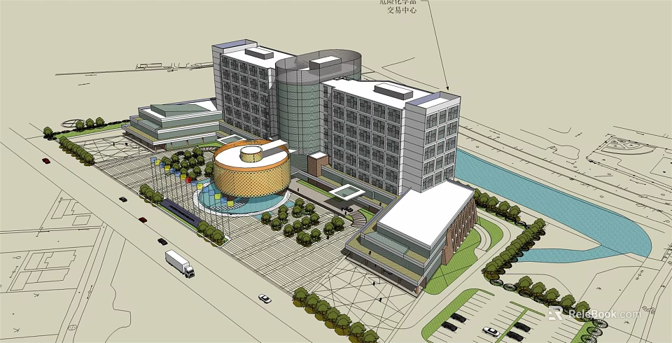 Modern Multi Storey Hotel Building With Circular Structure Waterfront Landscaping And Parking Area 3d model 