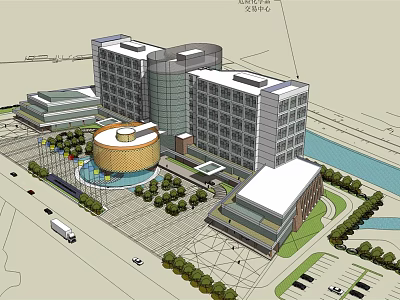 Modern Multi Storey Hotel Building With Circular Structure Waterfront Landscaping And Parking Area 3d model