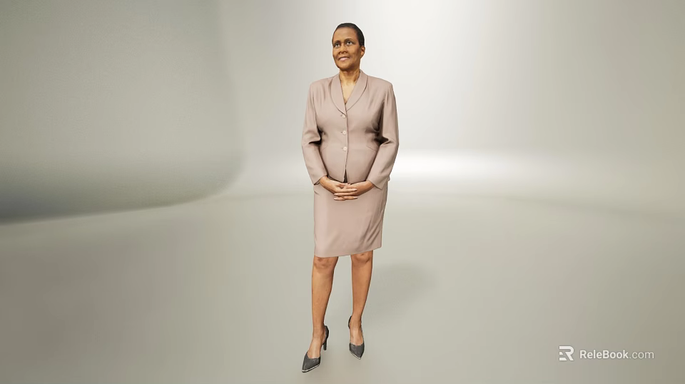 Confident Woman Standing In Light Background With Beige Dress And High Heels 3d model 