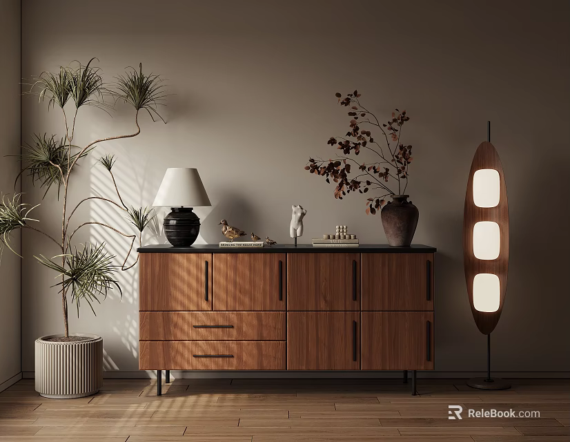 Elegant Entryway Cabinet Sideboard Interior With Plants Table Lamp And Floor Lamp 3d model 