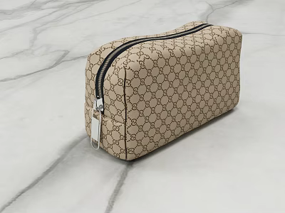 Beige Toiletry Bag With Classic Double G Pattern Black Zipper Silver Pull On Marble Surface 3d model
