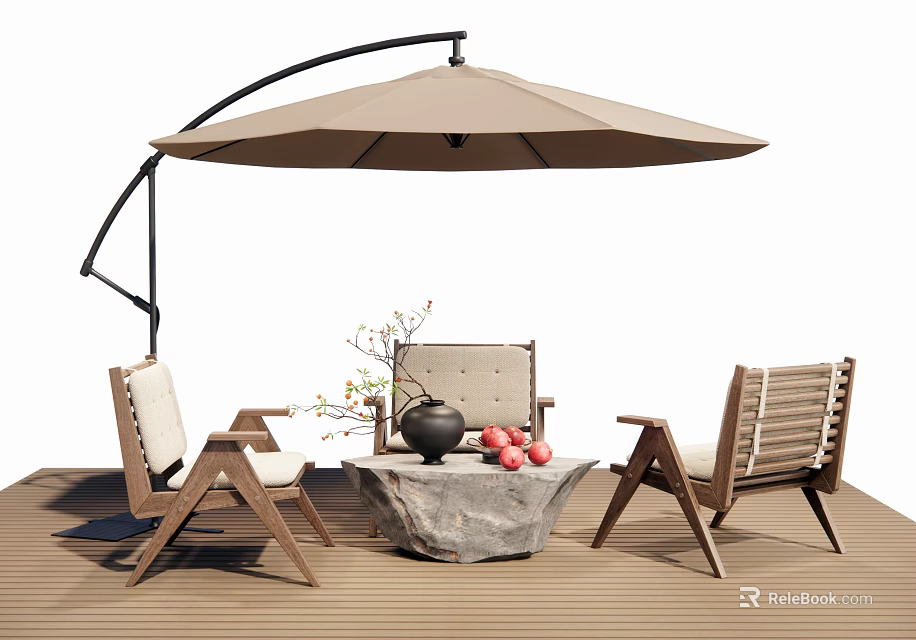 Outdoor Table with Stone Top and Chairs Under Umbrella on Wooden Deck and Teapot Fruits 3d model 