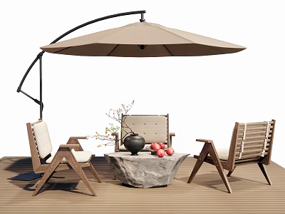 Outdoor Table with Stone Top and Chairs Under Umbrella on Wooden Deck and Teapot Fruits 3d model