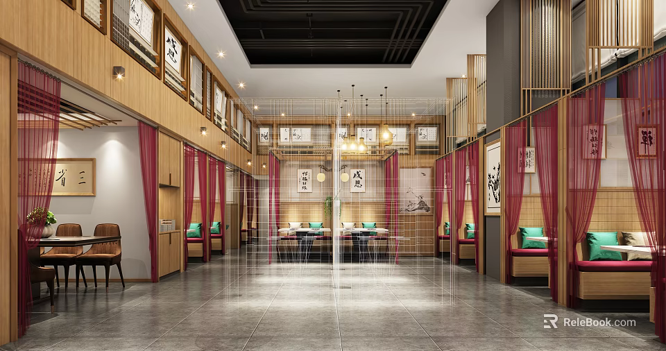 Chinese Style Hot Pot Restaurant Interior With Transparent Partitions Wooden Decor And Red Curtains 3d model