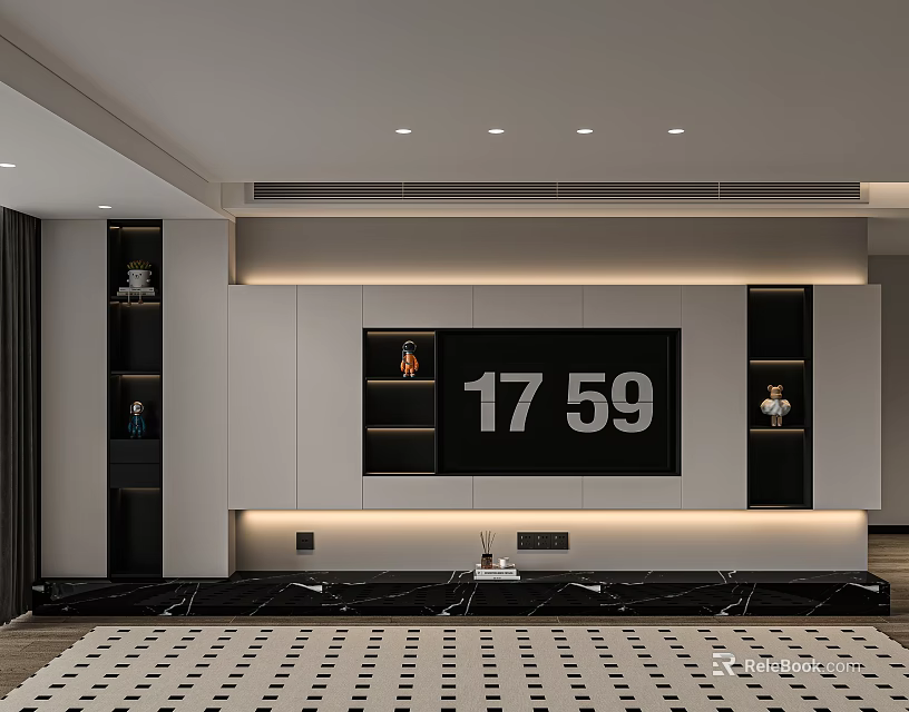 Modern TV Background Cabinet With Built in TV Decorative Shelves LED Lighting And Marble Base 3d model 