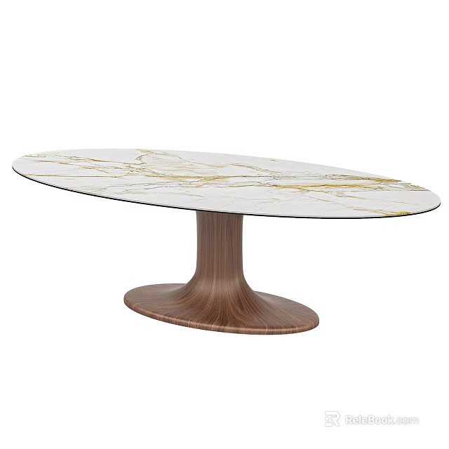 Modern Oval Dining Table With White Marble Top Golden Veins And Wooden Base 3d model 