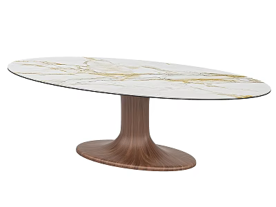Modern Oval Dining Table With White Marble Top Golden Veins And Wooden Base 3d model