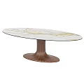 Modern Oval Dining Table With White Marble Top Golden Veins And Wooden Base