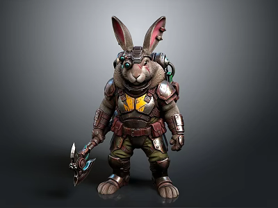 Armored Rabbit Character In Tactical Outfit With Mechanical Armor Goggles And Weapon 3d model