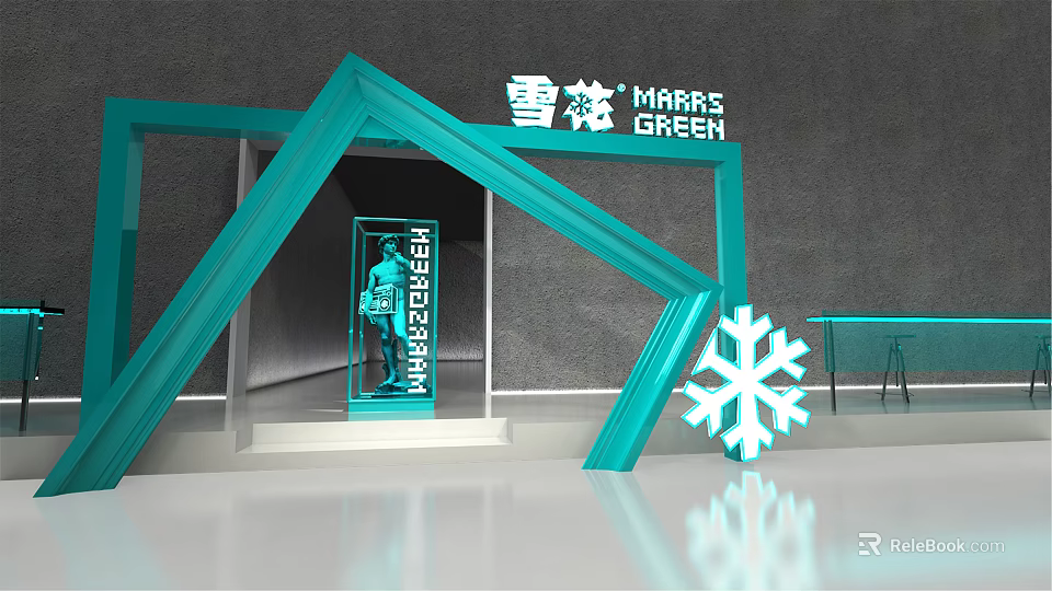 Snowflake Marrs GREEN Brand Exhibition Space With Blue Frame Structure And Snowflake Logo 3d model 