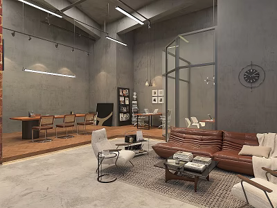 Spacious Industrial Style Office With Comfortable Lounge Area And Open Functional Working Spaces 3d model