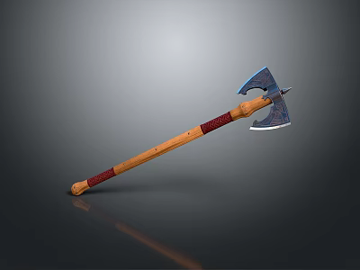 Traditional Axe Weapon With Wooden Handle Red Wrapped Section And Blue Metal Head Design 3d model