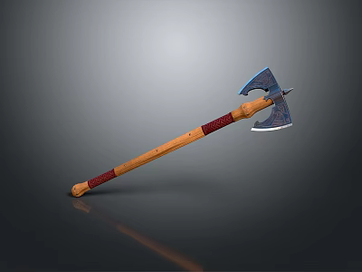 Traditional Axe Weapon With Wooden Handle Red Wrapped Section And Blue Metal Head Design 3d model