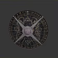 Ancient Round Shield With Central Metal Boss Intricate Engravings And Wooden Frame