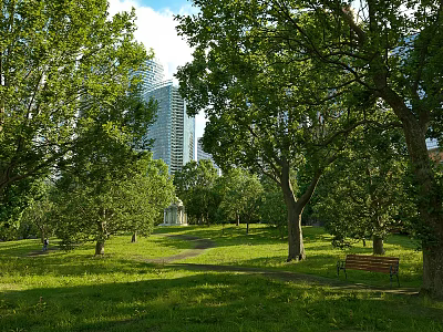 Urban Garden Landscape With Lush Green Grass Tall Trees Winding Path And Wooden Bench 3d model