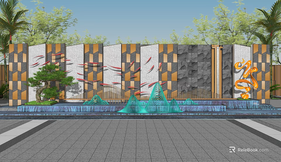 Modern Landscape Wall Design With Red Fish Motifs Stone Panels Water Fountain And Green Plants 3d model 