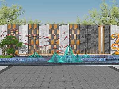 Modern Landscape Wall Design With Red Fish Motifs Stone Panels Water Fountain And Green Plants 3d model