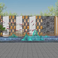 Modern Landscape Wall Design With Red Fish Motifs Stone Panels Water Fountain And Green Plants