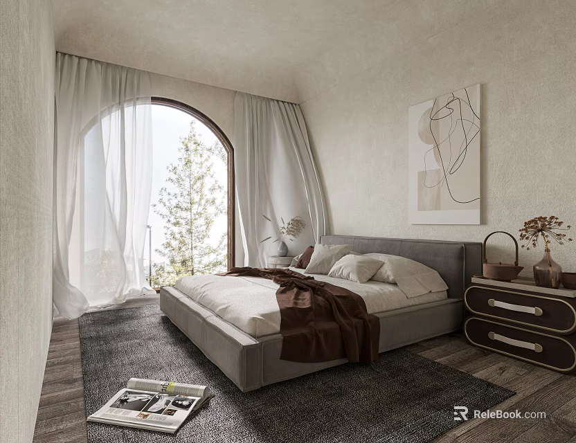 Serene Bedroom With Arched Window White Curtains Gray Bed Rug Wooden Floor And Wall Art 3d model 