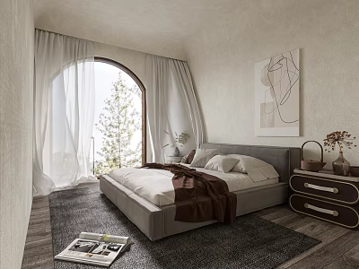 Serene Bedroom With Arched Window White Curtains Gray Bed Rug Wooden Floor And Wall Art 3d model
