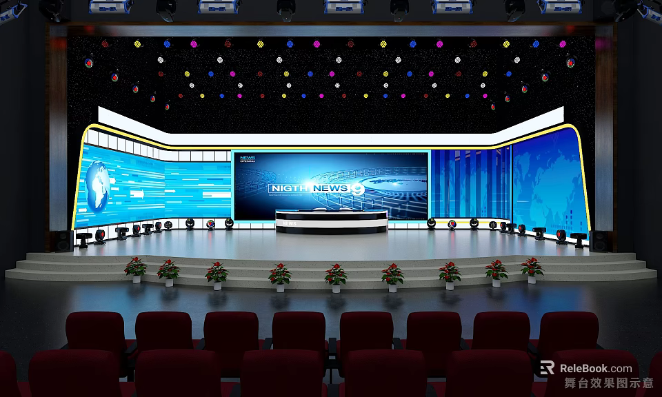 Modern Conference Stage Setup With Large Screens Colorful Lights And Red Seats 3d model 