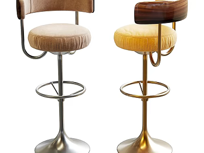 Bar Stools Featuring Velvet And Wooden Backrests Beige Yellow Seats On Silver Gold Metal Bases 3d model