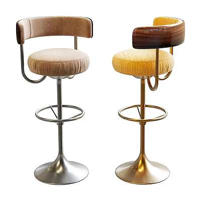 Bar Stools Featuring Velvet And Wooden Backrests Beige Yellow Seats On Silver Gold Metal Bases 3d model