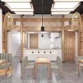 Traditional Japanese Restaurant Interior With Wooden Decor Lanterns And Dining Tables