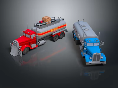 Red And Blue Tank Trucks With Cargo On Red Vehicle And Shiny Exteriors 3d model