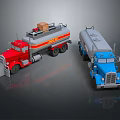 Red And Blue Tank Trucks With Cargo On Red Vehicle And Shiny Exteriors