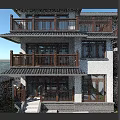 Chinese Style Detached Villa With Traditional Eaves Two Story Courtyard Wooden Railings And Stone Greenery