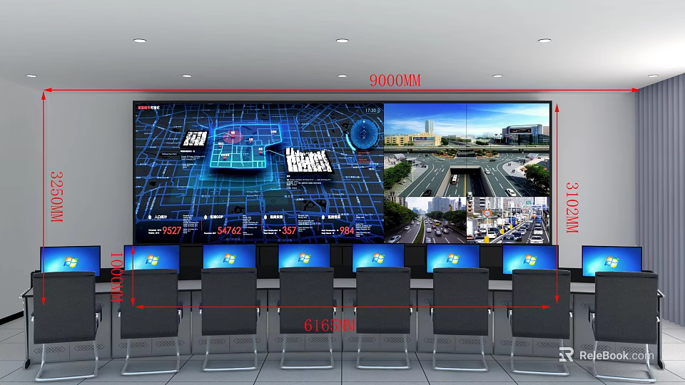 Modern Monitoring Room Interior With Large Screen Surveillance Displays And Computer Workstations 3d model 
